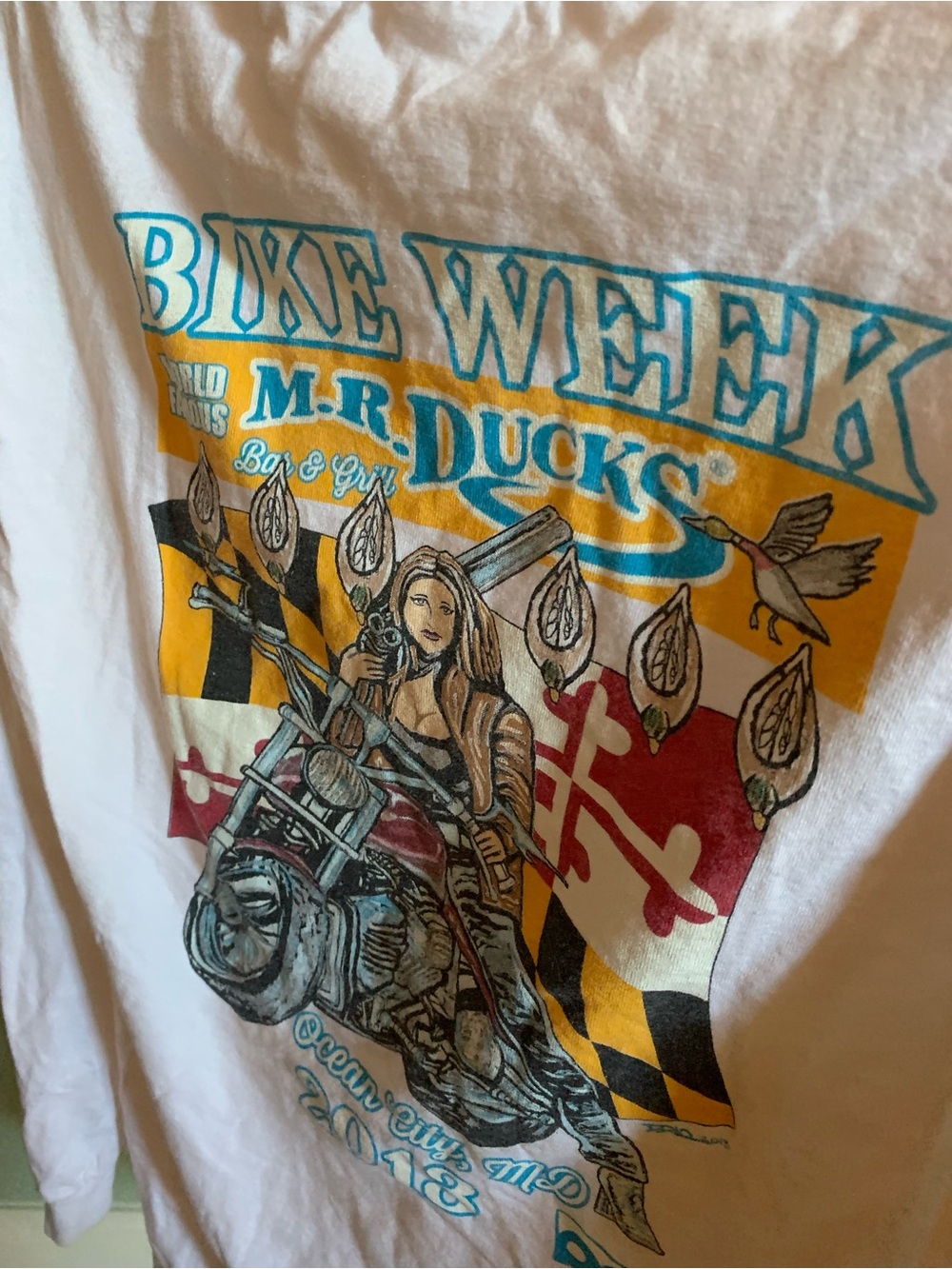 Mr. Ducks White Graphic Tee- Bike Week 2013 Ocean City motorcycle women SMALL